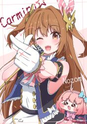  1girl 2girls absurdres ahoge armband artist_name black_vest blush bow breasts brown_eyes brown_hair character_name chibi chieru_(princess_connect!) commentary_request dated dress foolforpriconne gloves hair_ornament hair_ribbon hairband heart highres holding holding_microphone idol idol_clothes jacket long_hair looking_at_viewer meme microphone multiple_girls nozomi_(idol)_(princess_connect!) nozomi_(princess_connect!) one_eye_closed open_mouth pink_bow pink_hair pleading_eyes pointing princess_connect! ribbon short_hair skirt sleeveless smile speakiposting_(meme) star_(symbol) star_hair_ornament two_side_up vest white_gloves 