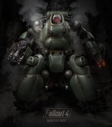 3d absurdres arm_cannon armor black_background bolt_(hardware) caterpillar_tracks character_name commentary copyright_name english_commentary fallout fallout_4 full_body glowing glowing_eyes green_armor highres mecha mecha_focus multiple_legs no_humans non-humanoid_robot official_art one-eyed red_eyes robot science_fiction sentry_bot_(fallout) signature simple_background smoke smoking_barrel steam straight-on tube variant_set vsions weapon zbrush_(medium) 