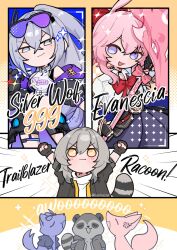  3girls animalization black_gloves black_jacket blue_eyes bow bowtie chibi closed_mouth collared_shirt english_commentary english_text evanescia_(honkai:_star_rail) feral_instincts fingerless_gloves fox gloves grey_hair hands_up highres honkai:_star_rail honkai_(series) howling jacket long_hair looking_at_viewer multiple_girls open_mouth pink_hair raccoon_tail red_bow red_bowtie sashacall shirt silver_wolf_(honkai:_star_rail) silver_wolf_(lv.999)_(honkai:_star_rail) sleeveless sleeveless_shirt smile smug sparkle stelle_(honkai:_star_rail) tail trailblazer_(baseball_raccoon)_(honkai:_star_rail) trailblazer_(honkai:_star_rail) twitter_username v-shaped_eyebrows violet_eyes white_background white_shirt yellow_background yellow_eyes 