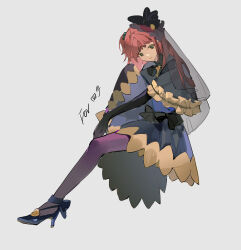  1girl absurdres black_capelet black_gloves black_shoes black_veil blue_dress capelet closed_mouth dress frilled_dress frills full_body gloves green_eyes grey_background hat high_heels highres invisible_chair leg_up long_hair looking_at_viewer pantyhose purple_pantyhose red_hair shoes simple_background sitting solo two_side_up umineko_no_naku_koro_ni ushiromiya_ange veil yashugu 