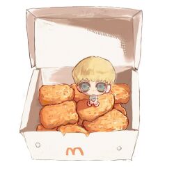  1boy animification artist_request bags_under_eyes bare_arms barefoot blonde_hair blue_eyes bowl_cut box chibi chibi_only chicken_nuggets closed_mouth commentary commission dylann_roof english_commentary food from_above full_body hair_behind_ear halftone highres in_box in_container looking_at_viewer male_focus mcdonald's no_fingers no_nose oversized_food oversized_object own_hands_together real_life second-party_source shirt short_hair short_sleeves simple_background sitting smile solo straight-on true_crime v_arms very_short_hair white_background white_shirt 