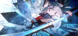  broken_glass commentary flower glass glasses hair_flower hair_ornament highres hiyuki_(wuthering_waves) ice japanese_clothes kimono looking_at_viewer multiple_girls multiple_persona official_art ponytail red_eyes reflection snow untranslatable_commentary white_hair white_kimono wuthering_waves 