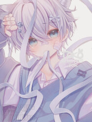  1boy animal_ears aqua_eyes bandage_on_cheek bandaid bandaid_on_face bandaid_on_nose blue_vest bone_hair_ornament cat_boy cat_ears child collared_shirt commentary_request grey_sweater hair_ornament highres long_sleeves male_focus original paw_hair_ornament ribbon shirt short_hair sweater toko_(cactus_tok) vest white_hair white_ribbon white_shirt 