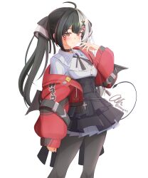  1girl absurdres anaqintama black_hair black_pantyhose black_skirt closed_mouth commentary cropped_jacket demon_girl demon_tail demon_wings highres jacket lacrimosa_(nte) looking_at_viewer multicolored_hair neverness_to_everness pantyhose red_eyes red_jacket skirt solo split-color_hair tail twintails white_hair wings 