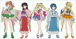  5girls :d ;d bishoujo_senshi_sailor_moon black_hair blonde_hair blue_bow blue_eyes blue_hair blue_hakama blue_nails blue_sandals blue_skirt boots bow brown_hair clenched_hands commentary_request green_boots green_eyes green_skirt grey_background grey_bow grey_kimono grey_socks hair_bobbles hair_ornament hakama hakama_skirt hakusai_(tiahszld) high_heel_boots high_heels highres japanese_clothes kimono long_hair long_sleeves multiple_girls nail_polish one_eye_closed orange_shoes orange_skirt pink_bow platform_boots platform_heels platform_sandals pleated_skirt ponytail purple_bow red_bow red_hakama red_nails red_shoes sailor_jupiter sailor_mars sailor_mercury sailor_moon sailor_venus sandals shoes skirt smile socks standing star_(symbol) tabi very_long_hair violet_eyes wide_sleeves 