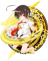  1girl ahoge akino_coto barefoot black_hair closed_mouth collared_shirt commentary_request full_body hair_between_eyes headphones highres huge_ahoge instrument keyboard_(instrument) looking_at_viewer necktie original red_necktie revision shirt short_hair simple_background solo transparent_background white_shirt 