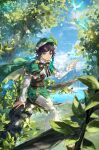  1boy bangs black_hair blue_hair bow branch bug butterfly cape castle closed_mouth clouds day genshin_impact gradient_hair grape_(pixiv27523889) green_eyes green_headwear hair_between_eyes hat highres leaf long_sleeves looking_at_viewer male_focus multicolored_hair outdoors sitting sky solo tree venti_(genshin_impact) water 