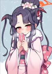  1girl black_hair blue_archive blush commentary_request cowboy_shot flower forehead fuuka_(blue_archive) fuuka_(new_year)_(blue_archive) goat_horns hair_bun hair_flower hair_ornament horns japanese_clothes kimono looking_at_viewer obi pink_kimono pink_sash red_eyes samejima_retro sash smile snowing solo 