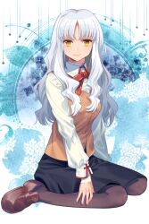  1girl bandaged_neck bandaged_wrist bandages black_skirt breasts brown_pantyhose brown_shoes brown_vest caren_hortensia collared_shirt commentary_request fate/hollow_ataraxia fate_(series) full_body highres homurabara_academy_school_uniform loafers long_hair looking_at_viewer medium_breasts neck_ribbon noko_morokoshi pantyhose parted_bangs red_ribbon ribbon school_uniform shirt shoes sitting skirt solo vest wariza wavy_hair white_hair white_shirt yellow_eyes 