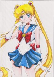  1girl absurdres arm_at_side back_bow bishoujo_senshi_sailor_moon blonde_hair blue_eyes blue_sailor_collar blue_skirt bow breasts chikoto_(kztc4472) choker circlet closed_mouth collarbone commentary cowboy_shot crescent crescent_choker crescent_earrings curtained_hair double_bun earrings elbow_gloves gem gloves gold_circlet hair_bun hair_ornament hand_up highres jewelry leotard lone_nape_hair long_hair looking_at_viewer magical_girl medium_breasts miniskirt parted_bangs photo_(medium) pleated_skirt red_bow red_choker red_gem red_trim sailor_collar sailor_moon sailor_senshi_uniform short_sleeves simple_background skirt smile solo split_mouth standing traditional_media transformation_brooch_(sailor_moon) tsukino_usagi twintails very_long_hair white_background white_gloves white_leotard 