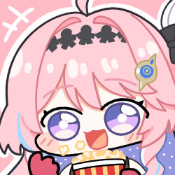  1girl chibi chibi_only colored_inner_hair commentary denia_(wuthering_waves) english_commentary food gloves hair_intakes hair_ornament holding holding_food long_hair looking_at_viewer multicolored_hair open_mouth pink_hair popcorn portrait purple_hair red_gloves smile solo sticker_(medium) twomoon violet_eyes wuthering_waves 