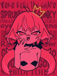  1girl :3 :d ahoge bandaid bandaid_on_cheek bandaid_on_face bandaid_on_nose barcode bare_shoulders blunt_bangs breasts commentary completely_nude cropped_torso crown drawn_crown el_sabroso_yuu freckles hair_flaps half-closed_eyes hand_to_own_mouth highres indie_virtual_youtuber long_hair looking_at_viewer low_twintails mesugaki mesugaki_pose mini_crown monochrome nude open_mouth penguin_girl red_theme shadow_censor small_breasts smile smug spanish_commentary spanish_text spot_color text_background thick_eyebrows toko_(vtuber) translation_request twintails upper_body v-shaped_eyebrows virtual_youtuber 