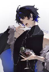  1boy absurdres asaba_harumasa bare_shoulders black_hair black_nails black_shirt collarbone commentary_request covered_collarbone cup drinking_glass ear_piercing earrings highres holding holding_cup jewelry looking_at_viewer male_focus open_mouth piercing shirt short_hair sleeveless sleeveless_shirt solo turtleneck turtleneck_shirt upper_body yellow_eyes yiyihongxue09456 zenless_zone_zero 