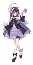  1girl alternate_costume ankle_bow bare_shoulders black_bow black_corset black_nails black_shoes black_sleeves blunt_bangs bow closed_mouth commentary corset detached_sleeves diamond_hairband dress dress_bow english_commentary frilled_dress frilled_thigh_strap frills full_body gradient_hair grey_eyes hair_bow halo high_heels highres hololive hololive_english long_hair looking_at_viewer magui3 mole mole_under_eye multicolored_hair ninomae_ina'nis orange_hair purple_bow purple_dress purple_hair shoes simple_background smile solo standing strapless strapless_dress takodachi_(ninomae_ina'nis) tentacle_hair thigh_strap virtual_youtuber white_background white_wings wings 