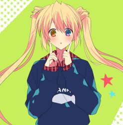  1girl :o alternate_costume animal_print blonde_hair blue_eyes blue_jacket blush casual collared_shirt commentary_request fish_print floating_hair green_background hair_between_eyes hands_up heterochromia index_fingers_raised jacket long_hair looking_at_viewer nakatsu_shizuru no_eyepatch o.z._(okome1026okome) open_mouth plaid_clothes plaid_shirt print_jacket red_shirt rewrite shirt sidelocks simple_background sleeves_past_wrists solo star_(symbol) star_symbol_background tareme twintails upper_body very_long_hair yellow_eyes 