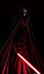  1boy artist_name black_background black_cape black_gloves black_robe cape corrupted_twitter_file darth_nihilus energy_sword english_commentary feet_out_of_frame gloves highres hirotoart holding holding_weapon hollow_eyes hooded_robe lightsaber looking_at_viewer mask red_lightsaber robe sith solo spot_color star_wars star_wars:_knights_of_the_old_republic sword twitter_username weapon 