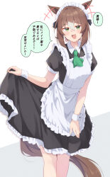 1girl absurdres alternate_costume animal_ears apron ascot black_dress blush breasts brown_hair commentary_request dress fine_motion_(umamusume) green_ascot green_eyes hair_between_eyes highres holding_own_dress horse_ears horse_girl horse_tail looking_at_viewer maid maid_apron maid_headdress multicolored_hair open_mouth pandoa_(mikage0495) short_sleeves smile solo speech_bubble tail translation_request umamusume white_hair white_headdress white_wrist_cuffs wrist_cuffs 