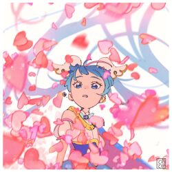  1girl aoi_tete blue_eyes blue_hair border commentary_request cowboy_shot cure_sky detached_sleeves floating_hair hair_floating_upwards hair_ornament heart highres hirogaru_sky!_precure long_hair looking_at_viewer magical_girl multicolored_hair open_mouth precure puffy_detached_sleeves puffy_sleeves signature solo sora_harewataru streaked_hair twintails very_long_hair white_background white_border wing_hair_ornament 
