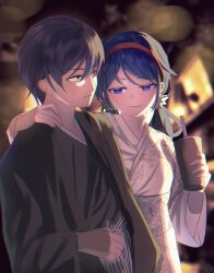  1boy 1girl absurdres black_eyes black_hair blue_eyes blue_hair blurry blurry_background crazy_mita_(miside) cup drinking_straw english_commentary floral_print floral_print_kimono green_kimono grin headband highres holding holding_cup japanese_clothes kimono long_hair long_sleeves miside mita_(miside) outdoors player_character_(miside) print_kimono short_hair smile summer_festival twintails user_tfza2727 white_kimono yandere yukata 