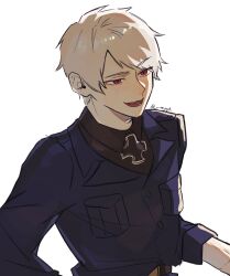  1boy artist_name axis_powers_hetalia backlighting belt_buckle black_shirt blue_jacket breast_pocket buckle collared_shirt cross half-closed_eyes hand_on_own_hip highres iron_cross jacket lapels long_sleeves looking_to_the_side male_focus military_jacket military_uniform myyk open_mouth pocket prussia_(hetalia) shirt short_hair simple_background smile solo teeth tongue upper_body violet_eyes white_background white_hair 