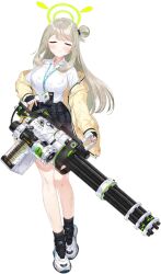  1girl 9ml ammunition_belt black_bow black_gloves black_skirt black_socks blonde_hair blue_archive blush bow breasts buttons cardigan closed_eyes closed_mouth cross-laced_shoes dirty dirty_clothes dirty_face facing_viewer fingerless_gloves full_body game_asset gatling_gun gloves green_halo gun hair_bow hair_rings halo happy heel_up highres holding holding_gun holding_weapon id_card lanyard large_breasts large_variant_set long_hair long_sleeves m134_minigun minigun miniskirt nonomi_(blue_archive) off_shoulder official_art open_cardigan open_clothes plaid_clothes plaid_skirt shirt_tucked_in shoes sidelocks simple_background single_hair_ring skirt sleeves_past_wrists smile sneakers socks solo split_mouth standing swept_bangs tachi-e third-party_source torn_cardigan transparent_background two-handed variant_set weapon white_shoes yellow_cardigan 