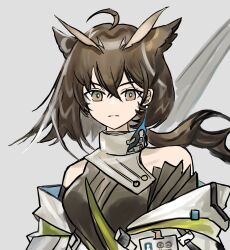  1girl ahoge arknights bare_shoulders black_dress brown_eyes brown_hair commentary_request dress earrings extra_ears frown grey_background hair_between_eyes highres id_card jewelry long_hair looking_at_viewer official_alternate_costume one-hour_drawing_challenge otofu987 owl_ears owl_girl ponytail rhine_lab_logo silence_(arknights) silence_the_paradigmatic_(arknights) simple_background sleeveless sleeveless_dress solo upper_body v-shaped_eyebrows 