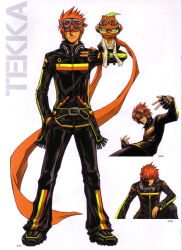  2boys absurdres artbook beatmania_iidx belt bemani black_belt black_jacket black_pants black_shoes character_name dark-skinned_male dark_skin fireboy_(beatmania) full_body goggles goggles_on_head goli_matsumoto headphones headphones_around_neck highres jacket kurogane_tekka male_focus multiple_boys multiple_views official_art orange_hair orange_scarf pants scan scarf shoes short_hair simple_background solo_focus spiky_hair third-party_source white_background 