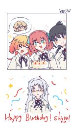  +++ 5girls =_= absurdres arms_at_sides artist_name birthday birthday_cake black-framed_eyewear black_hair blank_eyes blonde_hair blue_eyes blue_ribbon blush brown_eyes brown_jacket buttons cake candle character_name chinese_commentary closed_mouth collared_shirt commentary_request confetti cropped_arms cropped_torso double-breasted fang flying_sweatdrops food glasses gradient_hair green_eyes grey_hair hair_between_eyes hair_ribbon hands_up happy_birthday high_ponytail highres holding holding_plate jacket jiu_hao_fadian_ji kobato_ryoko long_hair long_sleeves looking_at_viewer moriyasu_kuina multicolored_hair multiple_girls neck_ribbon ogami_shiro open_clothes open_jacket open_mouth orange_hair parted_lips plate ponytail purple_ribbon red_hair ribbon school_uniform semi-rimless_eyewear shirt short_hair shoujo_kageki_revue_starlight shoujo_kageki_revue_starlight_-re_live- side-by-side smile speech_bubble spoken_character star_(symbol) strawberry_cake takachiho_stella tearing_up triangle_mouth two-tone_hair umibe_minku under-rim_eyewear upper_body v-shaped_eyebrows white_shirt wide-eyed 
