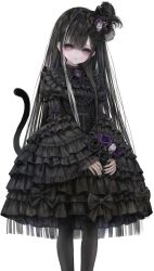  1girl absurdres accurate_lolita_coord aegyo_sal black_bow black_dress black_eyes black_hair black_nails black_pantyhose black_tail black_theme bow cat_tail commission cross daimaou dress dress_bow expressionless feet_out_of_frame fingernails frilled_dress frilled_sleeves frills gem gothic_lolita hair_intakes hair_ornament highres juliet_sleeves lace lolita_fashion long_fingernails long_hair long_sleeves looking_at_viewer multicolored_hair nail_art original pantyhose parted_bangs puffy_sleeves purple_gem second-party_source sidelocks simple_background sleeves_past_wrists solo standing streaked_hair tail too_many too_many_frills two-tone_hair very_long_hair white_background white_streaks 