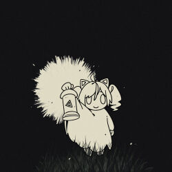  1girl ahoge animal_ear_headphones animal_ears black_background cat_ear_headphones cat_ears chibi cloak commentary curry_bowl dark delutaya drill_hair fake_animal_ears film_grain glowing grass headphones high_contrast holding holding_lantern lantern minimalism monochrome mumei_(song)_(hololive) night outdoors silhouette smile solo standing twin_drills untranslatable_commentary 