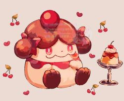  bow bright_pupils cherry food fruit highres no_humans pink_bow pink_eyes pokemon pokemon_(creature) pokemon_focus pokemon_x_and_y pudding sitting slurpuff su_(sajo_su5) tongue tongue_out white_background white_pupils 