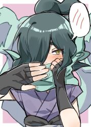  1boy aqua_hair black_gloves blush brown_eyes fingerless_gloves gloves hair_over_one_eye highres japanese_clothes looking_at_viewer orochi_(youkai_watch) ponytail solo speech_bubble unnchi_haha upper_body youkai_(youkai_watch) youkai_watch 