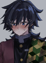  1boy black_hair black_jacket blue_eyes blush buttons closed_mouth commentary_request demon_slayer_uniform gold_buttons hair_between_eyes haori high_collar highres jacket japanese_clothes kikkoumon kimetsu_no_yaiba long_hair looking_down low_ponytail male_focus ponytail print_haori red_haori refu_q simple_background solo spiky_hair sweat tomioka_giyuu upper_body 