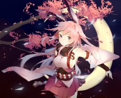  1girl animal_ears breasts cherry_blossoms closed_mouth commentary_request crescent_moon detached_sleeves fox_ears highres honkai_(series) honkai_impact_3rd japanese_clothes juine kimono long_hair looking_at_viewer medium_breasts moon name_connection night nontraditional_miko petals pink_hair ribbon-trimmed_thighhighs ribbon_trim short_kimono solo thigh-highs violet_eyes white_kimono white_sleeves yae_sakura yae_sakura_(gyakushinn_miko) 