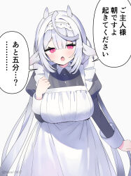  1girl :o ahoge animal_ears apron black_dress breasts collared_dress commentary_request dress grey_background grey_hair hair_between_eyes hair_intakes hand_up highres horns juliet_sleeves large_breasts long_hair long_sleeves looking_at_viewer maid maid_apron open_mouth original puffy_sleeves simple_background solo translation_request twitter_username very_long_hair violet_eyes white_apron zenshin 