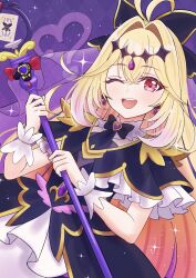  1girl absurdres antenna_hair black_bow black_capelet black_dress blonde_hair bow brooch capelet commentary_request cure_arcana_shadow diamond_hairband dress frilled_capelet frilled_cuffs frills gradient_hair hair_intakes heart heart_brooch highres holding holding_rod jewelry long_hair looking_at_viewer magical_girl meitantei_precure! moria_luluka multicolored_hair one_eye_closed open_mouth precure purple_veil purple_wrist_cuffs riraranran rod smile solo tear_arcana_rod veil very_long_hair violet_eyes wrist_cuffs 