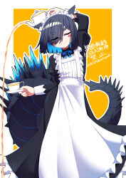  1girl animal_ear_fluff animal_ears apron black_dress blue_bow blue_bowtie blue_hair blush_stickers border bow bowtie closed_eyes closed_mouth colored_inner_hair commentary_request cowboy_shot cup dated dress enmaided failure floating_clothes hair_over_one_eye highres holding holding_above_head holding_saucer holding_teapot lizard_tail long_sleeves maid maid_apron maid_headdress mikagura mikagura-chan_(mikagura) monster_girl multicolored_hair orange_background original outline pouring purple_hair saucer simple_background smile solo spiked_tail spilling split_mouth swept_bangs tail tea teacup teapot translation_request twitter_username v-shaped_eyebrows white_apron white_border white_outline white_wrist_cuffs wrist_cuffs 