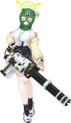  1girl 9ml ammunition_belt balaclava black_bow black_gloves black_skirt black_socks blonde_hair blue_archive bow breasts buttons cardigan closed_eyes closed_mouth clothes_writing covered_face cross-laced_shoes facing_viewer fingerless_gloves full_body game_asset gatling_gun gloves green_halo gun hair_bow hair_rings halo happy heel_up highres holding holding_gun holding_weapon id_card lanyard large_breasts large_variant_set long_sleeves m134_minigun minigun miniskirt nonomi_(blue_archive) off_shoulder official_art open_cardigan open_clothes plaid_clothes plaid_skirt shirt_tucked_in shoes simple_background single_hair_ring skirt sleeves_past_wrists smile sneakers socks solo split_mouth standing tachi-e third-party_source transparent_background two-handed variant_set weapon white_shoes yellow_cardigan 