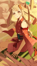  1girl animal_ears bare_shoulders blonde_hair blush brown_eyes cho_kaguya-hime! commentary_request crescent crescent_hair_ornament hair_ornament highres japanese_clothes kaguya_(cho_kaguya-hime!) kimono long_hair ningen_gokko obi outdoors parted_lips rabbit_ears red_kimono sash sitting solo 