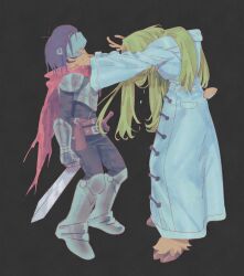  1girl 1other absurdres antlers belt black_hair blonde_hair blue_skin brown_belt cape colored_skin commentary crying deer_antlers deer_girl deer_tail deltarune furry furry_female gauntlets highres hooves horns jewelry kris_(dark_world)_(deltarune) kris_(deltarune) laz_(wancchaco) long_hair neon_genesis_evangelion noelle_holiday noelle_holiday_(dark_world) pink_cape red_eyes ring short_hair strangling sword tail the_end_of_evangelion thorn_ring_(deltarune) utdr_(toby_fox) weapon weird_route_(deltarune) 