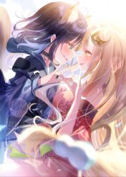  2girls animal_ears black_hair blonde_hair blush cho_kaguya-hime! commentary_request fox_ears green_eyes highres japanese_clothes kaguya_(cho_kaguya-hime!) kimono long_hair multiple_girls open_mouth rabbit_ears sakayori_iroha short_hair touki_matsuri yellow_eyes yuri 