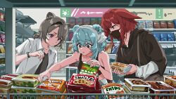 3girls absinthe_(arknights) animal_ears arknights bag bear_ears bear_girl black_hairband black_shirt black_sports_bra black_sweater blue_hair brown_eyes brown_hair crackborne_(arknights) crownslayer_(arknights) floppy_ears food frozen_pizza grocery_store hairband highres holding holding_bag holding_food hyena_ears hyena_girl indoors juhuacha layered_sleeves mask medium_hair mouth_mask multiple_girls open_clothes open_shirt red_eyes red_hair shelf shirt shopping short_hair sports_bra sweater undershirt upper_body watch watch white_shirt 