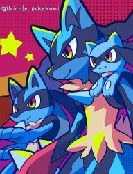  animal_ears black_fur blue_fur closed_mouth commentary_request highres looking_to_the_side lucario nikoru no_humans on_shoulder pokemon pokemon_(creature) pokemon_diamond/pearl/platinum pokemon_focus pokemon_on_shoulder red_background red_eyes riolu smile spikes star_(symbol) two-tone_fur 