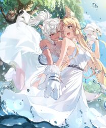  2girls animal_ears animal_hands black_pantyhose blonde_hair commentary_request dark-skinned_female dark_skin dress green_eyes highres ladica_(shadowverse) laughing leaf long_hair looking_at_another looking_back mistolina_(shadowverse) multiple_girls one_eye_closed open_mouth pantyhose ponytail red_eyes see-through_cleavage see-through_clothes shadowverse sky tomitacchi tree white_dress white_hair 