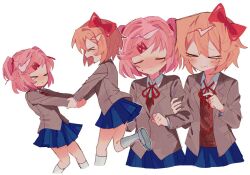  >_< 2girls :3 blue_skirt bow closed_eyes closed_mouth doki_doki_literature_club doki_doki_literature_club_school_uniform embarrassed grey_jacket hair_bow hair_intakes hand_on_another's_arm holding_hands jacket kneehighs miniskirt multiple_girls natsuki_(doki_doki_literature_club) neck_ribbon open_clothes open_jacket pink_hair red_bow red_ribbon ribbon sayori_(doki_doki_literature_club) school_uniform shirt short_hair sidelocks sillon3 simple_background skirt smile socks spinning two_side_up white_background white_shirt white_socks 