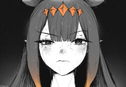  1girl aark_22 chainsaw_man closed_mouth commentary diamond_hairband gradient_hair greyscale hairband highres hololive hololive_english long_hair mole mole_under_eye monochrome multicolored_hair ninomae_ina'nis orange_hair orange_hairband pointy_ears reze's_eye_twitch_(chainsaw_man) solo spot_color tentacle_hair virtual_youtuber 