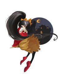  1girl ashley_(warioware) big_hair black_eyes black_hair black_pantyhose broom broom_riding commentary crescent_moon dress english_commentary full_body hairband highres long_hair long_sleeves looking_at_viewer looking_back marnie_(marnielovesyou) moon night orange_hairband pantyhose red_dress red_eyes shoes sidesaddle simple_background skull solo stuffed_animal stuffed_rabbit stuffed_toy tiara twintails very_long_hair warioware white_background witch 