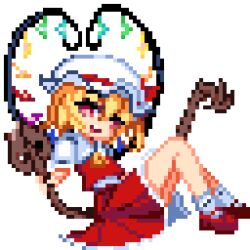  1girl ascot blonde_hair brodall_pixel collared_shirt commentary crystal crystal_wings flandre_scarlet hat hat_ribbon laevatein_(touhou) looking_at_viewer mob_cap multicolored_wings one_side_up open_mouth pixel_art red_eyes red_shoes red_skirt red_vest ribbon shirt shoes simple_background skirt skirt_set smile socks solo touhou transparent_background vest white_hat white_shirt white_socks wings yellow_ascot 