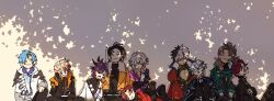  6+boys armor axel_syrios axel_syrios_(1st_costume) banzoin_hakka banzoin_hakka_(1st_costume) beard_stubble black_hair black_jacket black_shirt blonde_hair blue_hair braid brown_hair closed_mouth coat coat_on_shoulders crimzon_ruze crimzon_ruze_(1st_costume) elbow_rest everyone facial_hair fur-trimmed_jacket fur_trim gavis_bettel gavis_bettel_(1st_costume) goldbullet goldbullet_(1st_costume) green_scarf hand_on_own_knee head_rest highres holostars holostars_english hood hoodie jacket japanese_clothes josuiji_shinri josuiji_shinri_(1st_costume) jurard_t_rexford kimono lap_pillow layered_sleeves long_sleeves machina_x_flayon machina_x_flayon_(1st_costume) male_focus multicolored_hair multiple_boys nooooouuuuugat octavio octavio_(1st_costume) orange_jacket pink_hair ponytail purple_hair red_coat red_hair regis_altare scarf shirt short_over_long_sleeves short_sleeves shoulder_armor sleeping stubble tree_shade two-tone_hair virtual_youtuber white_hair white_hoodie white_kimono 