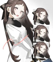  1girl 826aw_oo black_bow black_collar black_ribbon blush bow brown_hair closed_eyes closed_mouth collar dress eyelashes grey_background hair_bow head_tilt high_collar highres long_hair long_sleeves looking_at_viewer looking_back mole mole_under_eye multiple_views one_eye_closed open_mouth original pink_eyes ponytail reference_sheet ribbon sidelocks simple_background smile solo sweatdrop upper_body very_long_hair waist_bow white_background white_dress winking_(animated) 